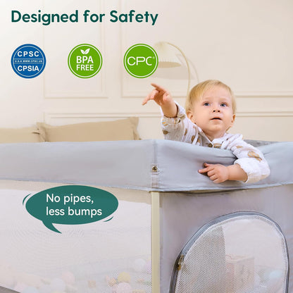 Babelio Foldable Baby Playpen 46" × 46", Portable Playard for Babies and Toddlers, Parents' Picks Awards Winner, No Assembly Required, Indoor & Outdoor Kids Safety Play Pen Area, Travel Fence, Grey