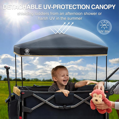 EVER ADVANCED Wagon Stroller for 2 Kids, Compact One-Step Fold Stroller Wagon with Adjustable Push/Pull Handles, Folding Wagon for Travel, Park & Beach, Includes Removable UV Canopy, Blue