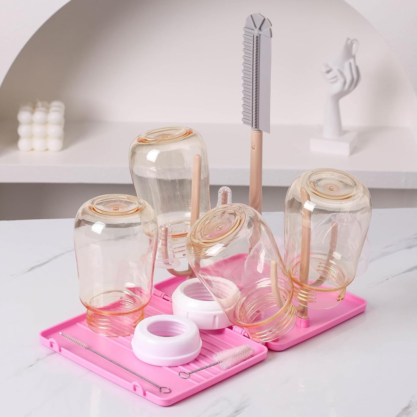 Baby Bottle Drying Rack，Travel Baby Bottle Drying Rack Set, Cleaner Kit with Silicone Bottle Brush,Straw Brush, Suitable for Home use or Traveling with Babies (Coffee Color)