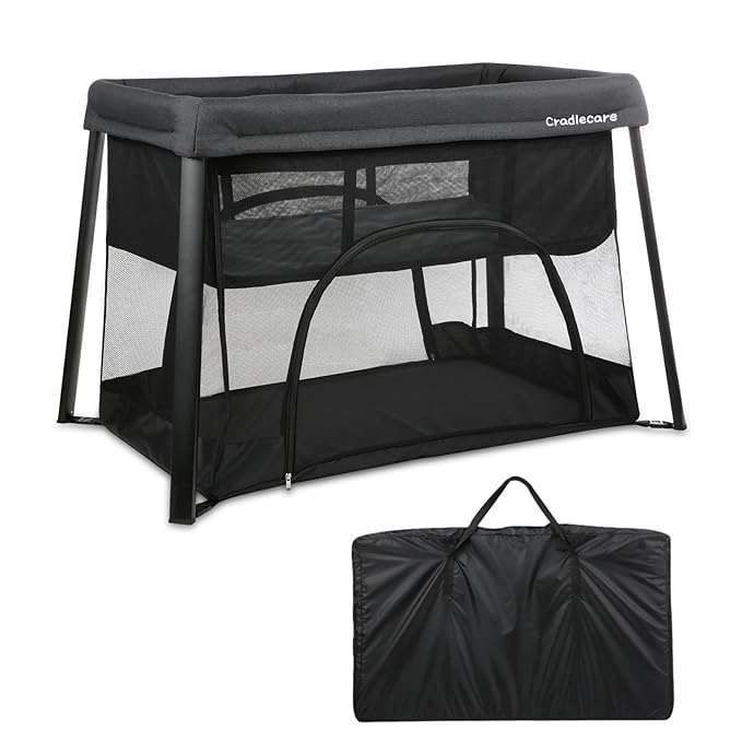 Pack and Play with Bassinet & Mattress, Lightweight Portable Baby Bed, Foldable Travel Bassinet Playard with Storage Bag, Easy Setup Playpen for Babies & Toddlers (Black)