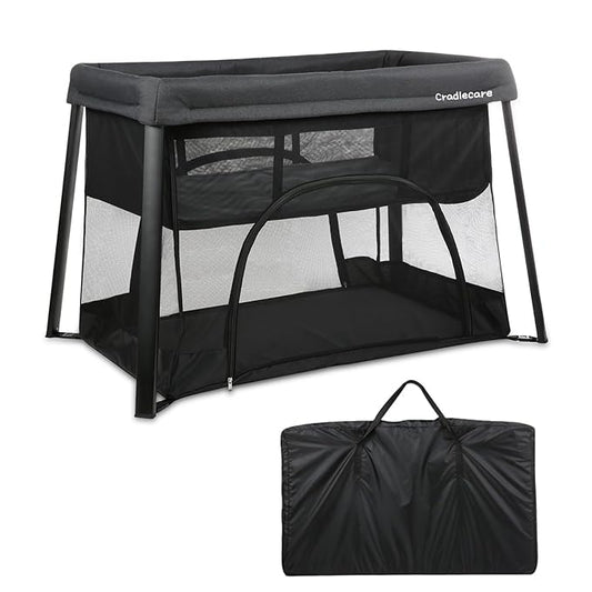 Pack and Play with Bassinet & Mattress, Lightweight Portable Baby Bed, Foldable Travel Bassinet Playard with Storage Bag, Easy Setup Playpen for Babies & Toddlers (Black)