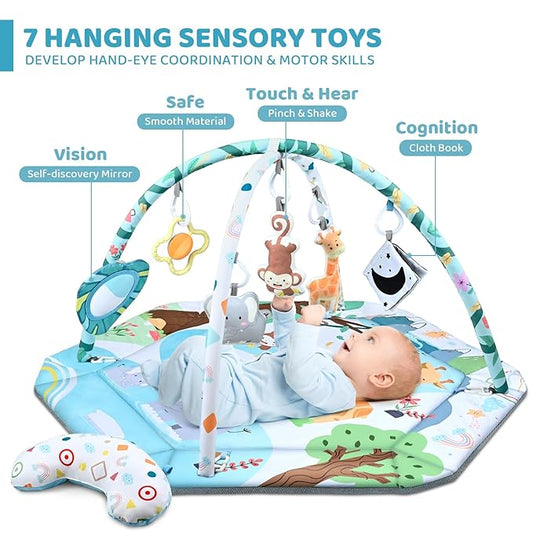 Baby Gym Play Mat, 8-in-1 Tummy Time Mat & Ball Pit with 6 Toys, Washable Baby Activity Play Mat for Visual, Hearing, Sensory, Motor Development, Baby Toys Gift for Toddler Infant 0-3-6-9-12 Months