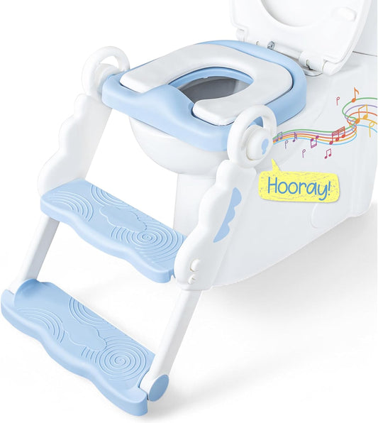bebeleh Musical & Sound Toddler Potty Training Seat w/Step Stool Ladder - Collapsible & Adjustable Toilet, Pre Assembled Toddler Toilet Seat w/Music & Sounds - Splash Guard & Anti-Slip Steps - Gray