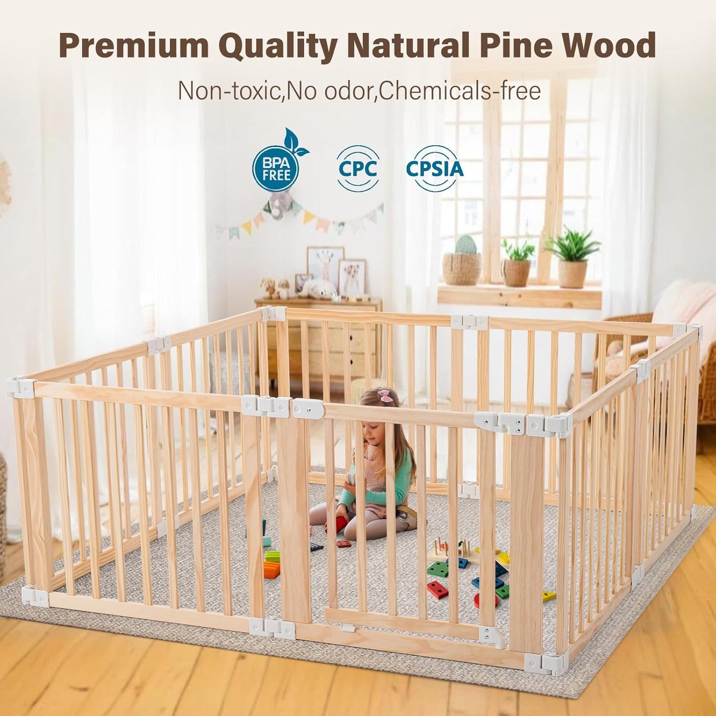 Foldable Wooden Playpen-51x51x25in-Large Baby Gate Playpen with Child-Proof Lock-Easy Assembly, Portable Design for Babies & Toddlers- Shape& Size Adjustable Baby Fence Play Area (Wood, 6 Panel)
