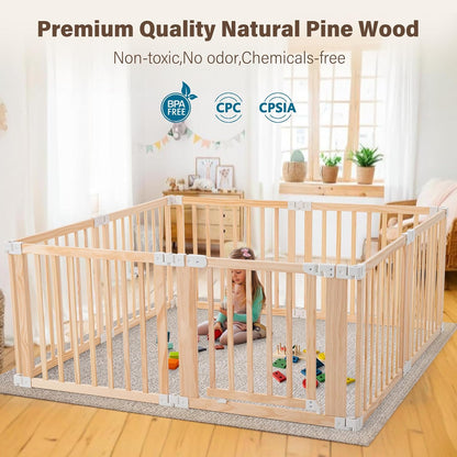 Foldable Wooden Playpen-51x51x25in-Large Baby Gate Playpen with Child-Proof Lock-Easy Assembly, Portable Design for Babies & Toddlers- Shape& Size Adjustable Baby Fence Play Area (Wood, 6 Panel)