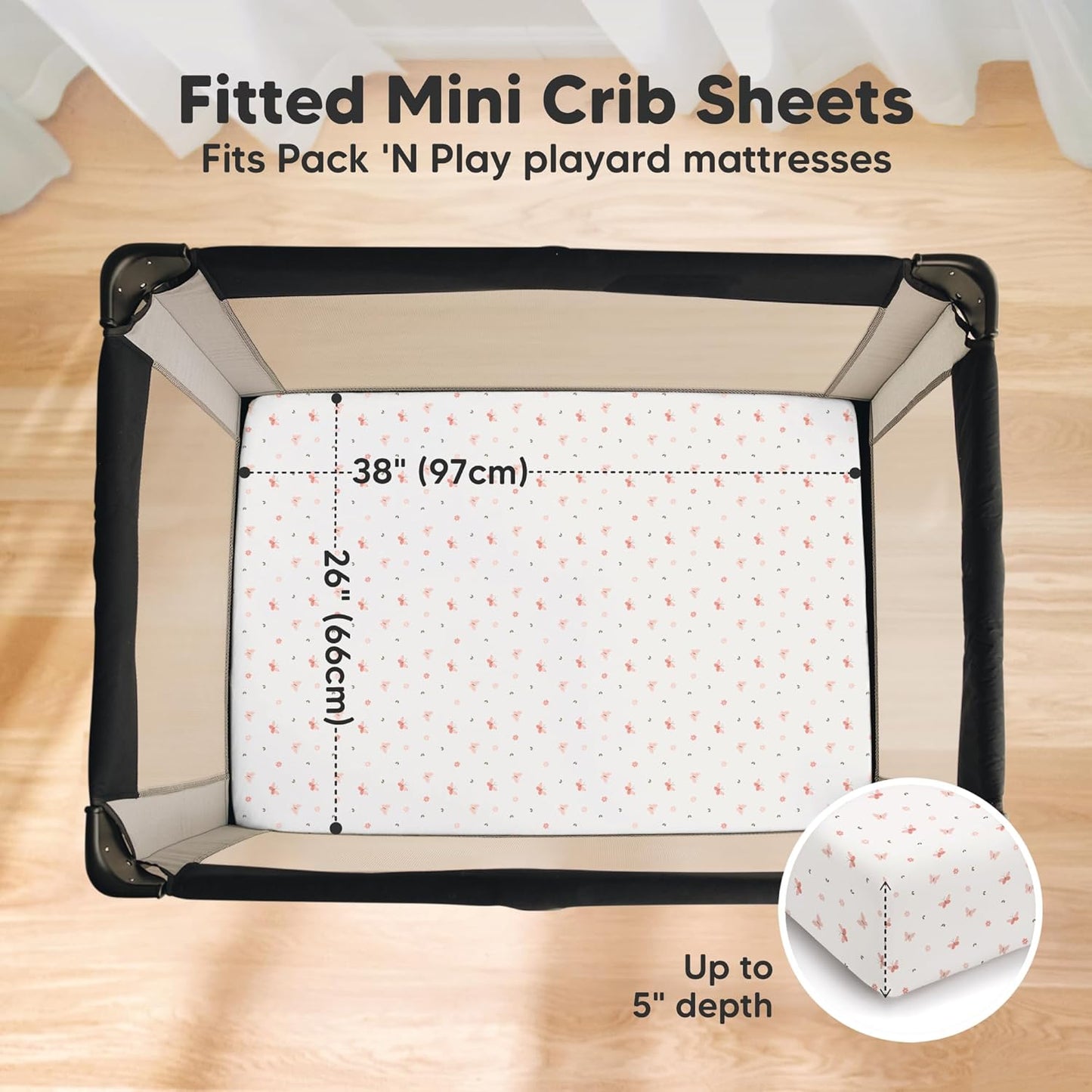 2 Pack and Play Sheets, Waterproof Mini Crib Sheets Fitted - 38x26 Organic Cotton Pack N Play Sheets for Graco Pack and Play Mattress, Playard Baby Crib Sheets,Neutral for Boy,Girl,Toddler(KeaSafari)