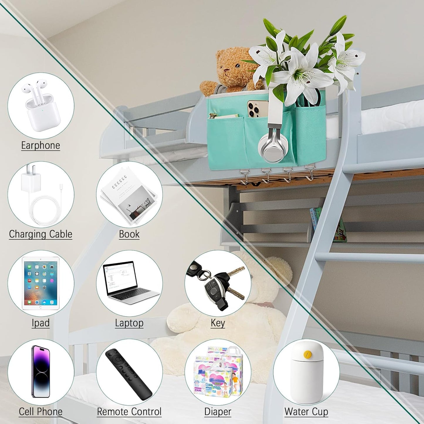 Bedside Storage Organizer 5 Pockets with 4 Hooks Hanging Storage Bag for Headboards/Bunk Bed (Pink)