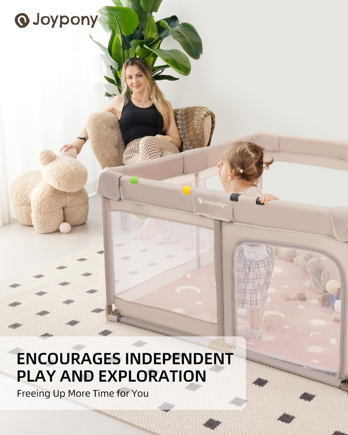 Joypony Baby Playpen with Mat, 50x50 in Small Play Pen for Babies, Toddler Playpen for Apartment, Indoors Play Yard with Soft Breathable Mesh (Beige with Mat)