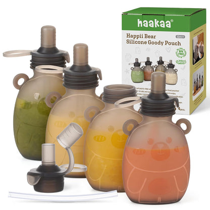 haakaa Happii Bear Silicone Goody Pouch Combo,Reusable Baby Food Pouches for Homemade Organic Purees, Juices, Smoothies, and Yogurt - Perfect for Toddlers and Kids - 2 Pack, 6oz+9oz