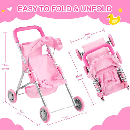 GAGAKU Baby Doll Stroller for Toddlers, Foldable Toy Stroller with Storage Basket and Bag, Diapers - Reborn Doll Accessories for Girls & Kids Ages 3+, Pink
