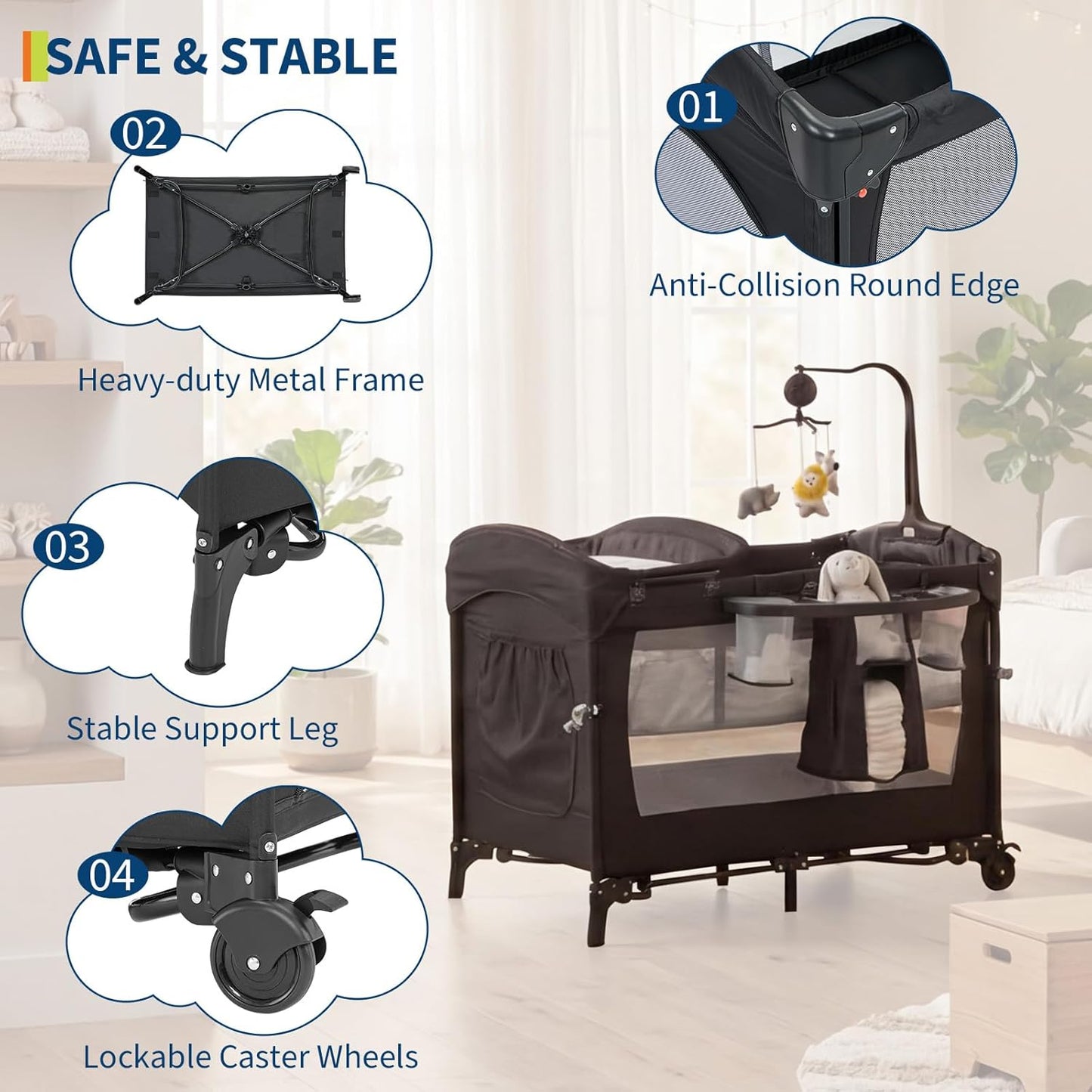 4 in 1 Baby Playard, Portable Bedside Crib with Rocking Bassinet & Diaper Changer, Infant Pack and Play with Mattress, Large Toddler Playpen, Newborn Changing Table, Storage Pocket & Rotating Toy Bar
