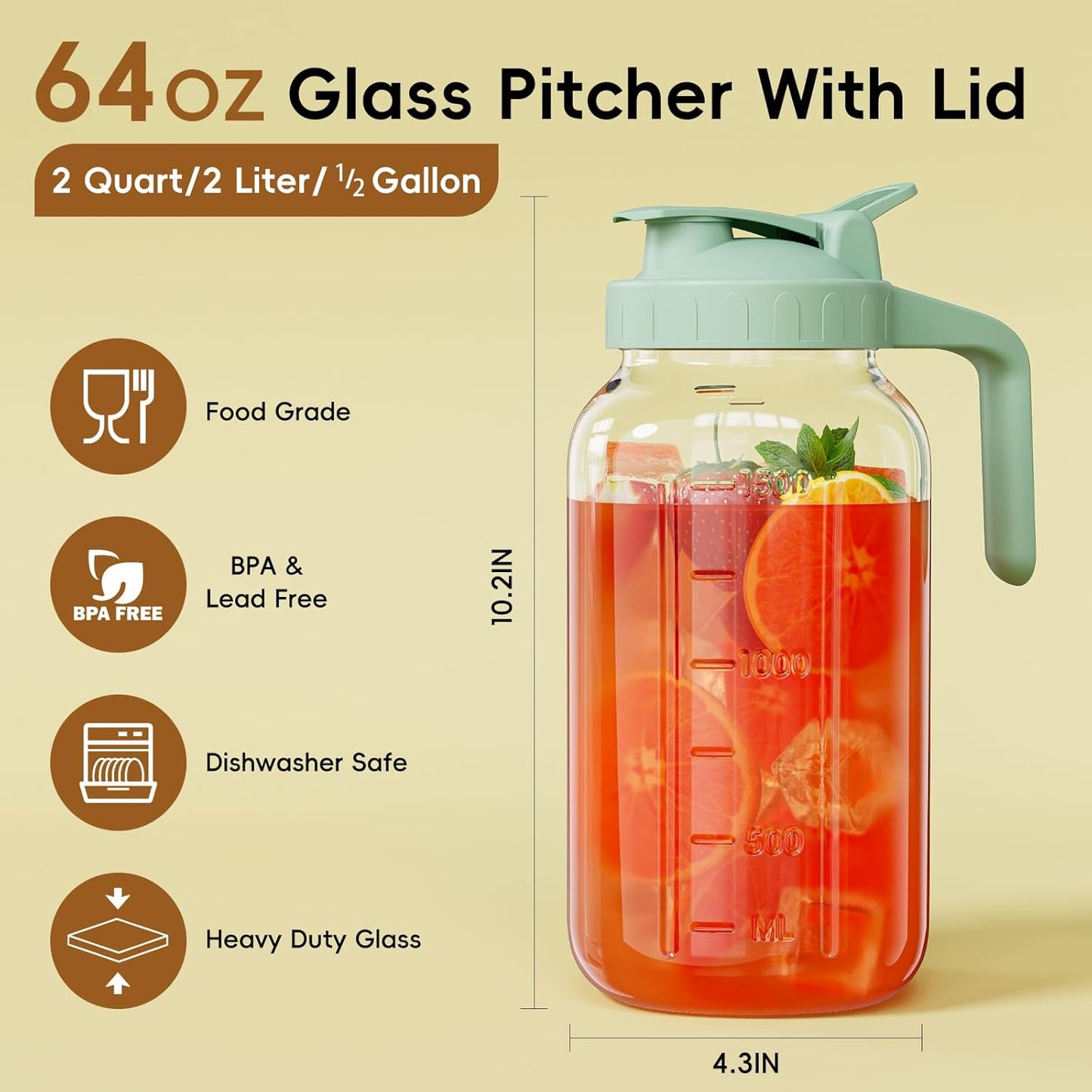 JunVpic Breast Milk Pitcher - 32 oz Glass Mason Jar with Dual Leak-Proof Design, Airtight Seal, Pour Spout & Handle, Storage Container for Breastmilk, Iced Tea & Ice Drinks（Gray）