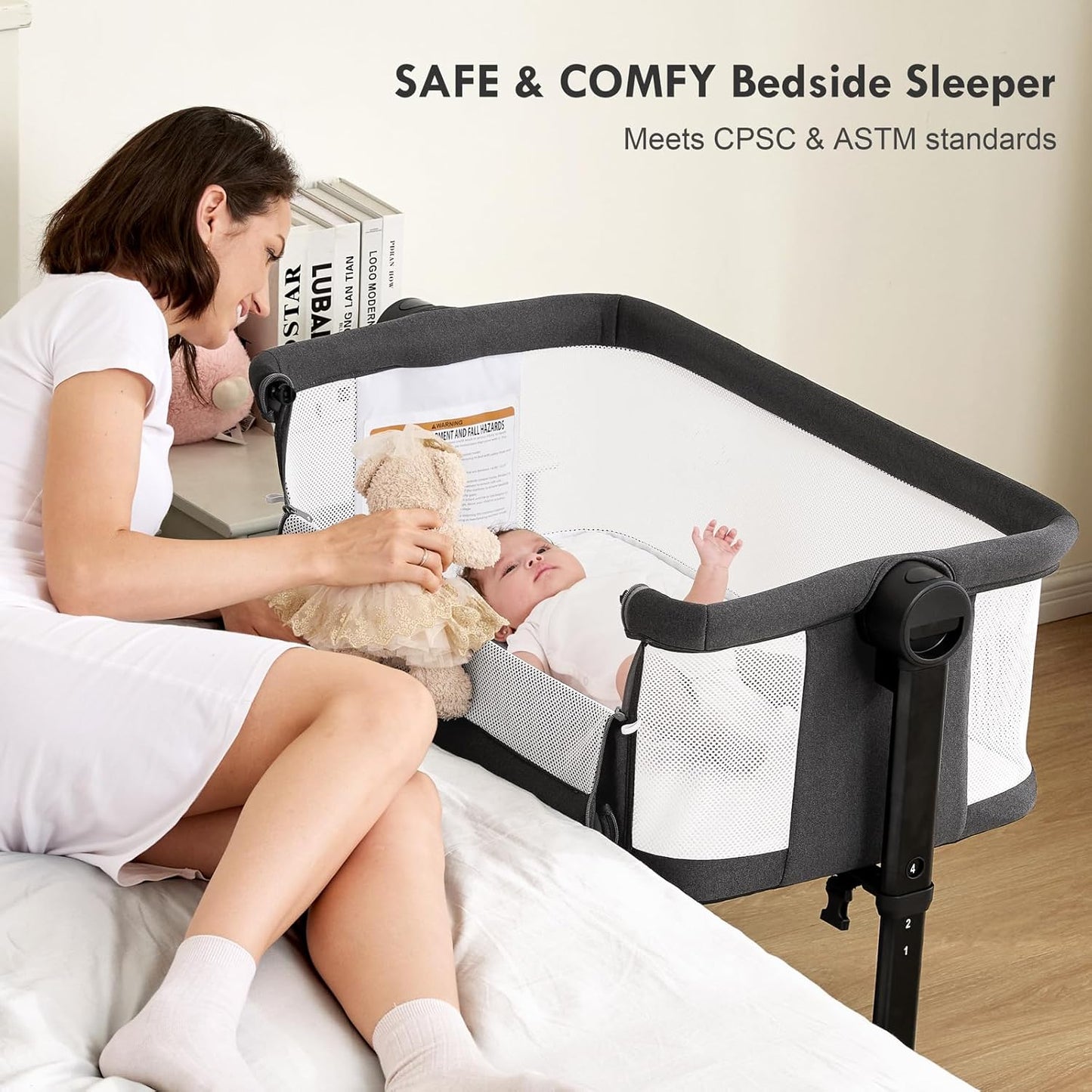 Bassinet Bedside Sleeper - All-Mesh Design, Portable Bedside Bassinet for Baby with Washable Mattress, 5 Adjustable Heights（Beige）