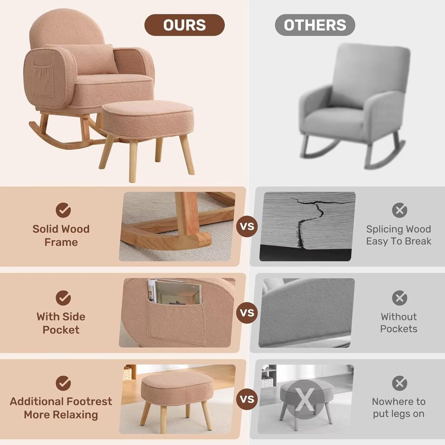 HCHAIRH Nursery Rocking Chair with Ottoman, Upholstered Glider Rocker with High Backrest Side Pocket, Rocking Accent Armchair with Solid Wood Legs for Nursery, Living Room, Bedroom, Light Grey