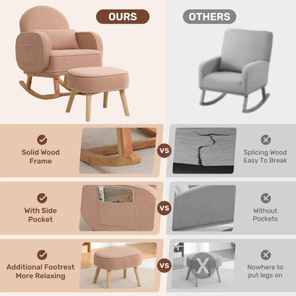 HCHAIRH Nursery Rocking Chair with Ottoman, Upholstered Glider Rocker with High Backrest Side Pocket, Rocking Accent Armchair with Solid Wood Legs for Nursery, Living Room, Bedroom, Light Grey