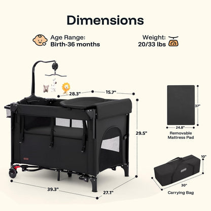 HARPPA Pack and Play 6 in 1, Portable Baby Playard for Travel, Baby Bassinet Bedside Sleeper with Mattress, Rolling Bassinet for Infant, Pack n Play with Changing Table, Bed Crib(Black)