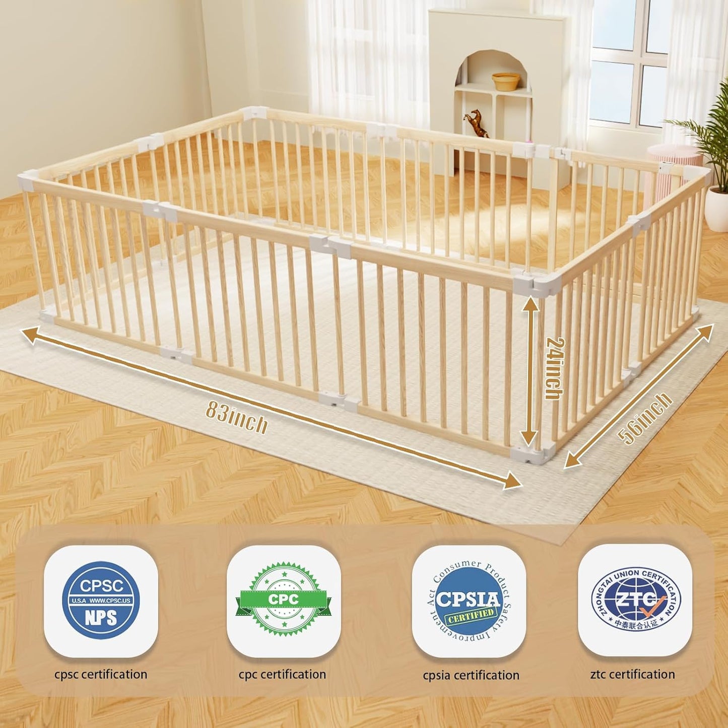 Baby Playpen, Foldable Wooden Play Yard with Gate, Playpen for Babies and Toddlers, Adjustable Baby Activity Center with Child Proof Lock, Fence Play Area for Toddlers 6 to 36 months(56*83*24inch)