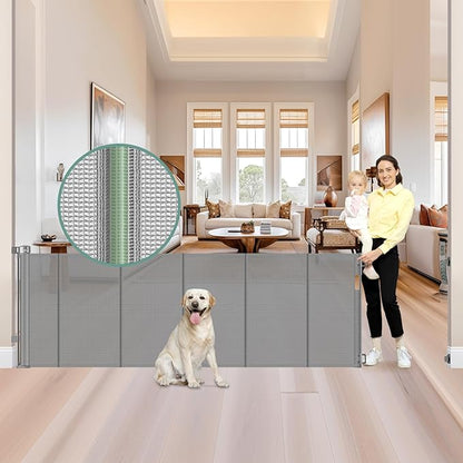 Reinforced 159 Inch Extra Wide Retractable Dog Gate with Support Rods, Indoor/Outdoor Retractable Gate, Prevent Babies and Dogs from Crawling Through Mesh Baby Gates for Doorways Extra Wide, Gray