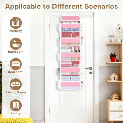 SpaceWhisper Over the Door Organizer, 4 Large Pocket Hanging Storage Organizer with 40lb Capacity, Space Saving for Nursery, Bathroom, Bedroom, Closet - Baby Essentials & Toiletry Organizer (Pink)