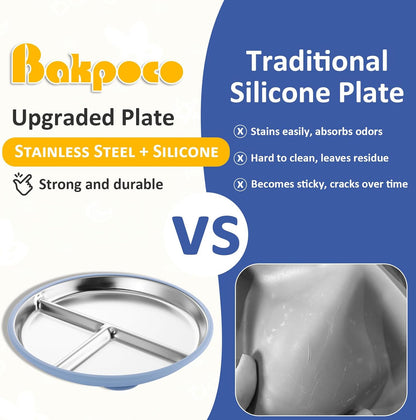 Bakpoco Stainless Steel Toddler Plate with Suction, 9” Divided Plates with Removable Silicone Sleeves for Kids, Non Toxic & BPA Free | Non Slip | Unbreakable Baby Snack Dishes Set of 2, Blue & Gray