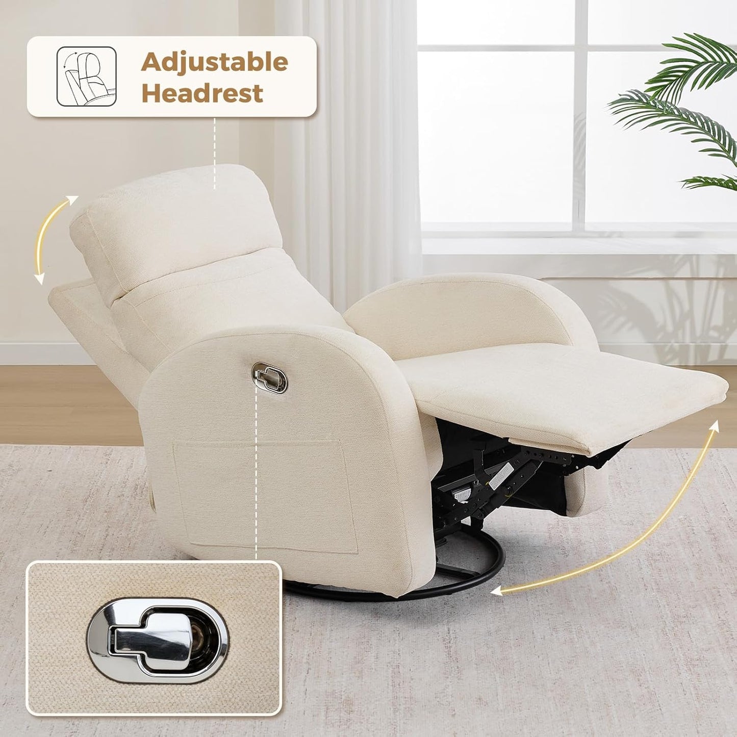 Dual Motors Power Recliner with Adjustable Headrest, Electric Swivel Rocker Recliner for Nursery, Glider Reclining Rocking Nursery Chairs for Small Space, Living Room, Bedroom, Chenille Cream White