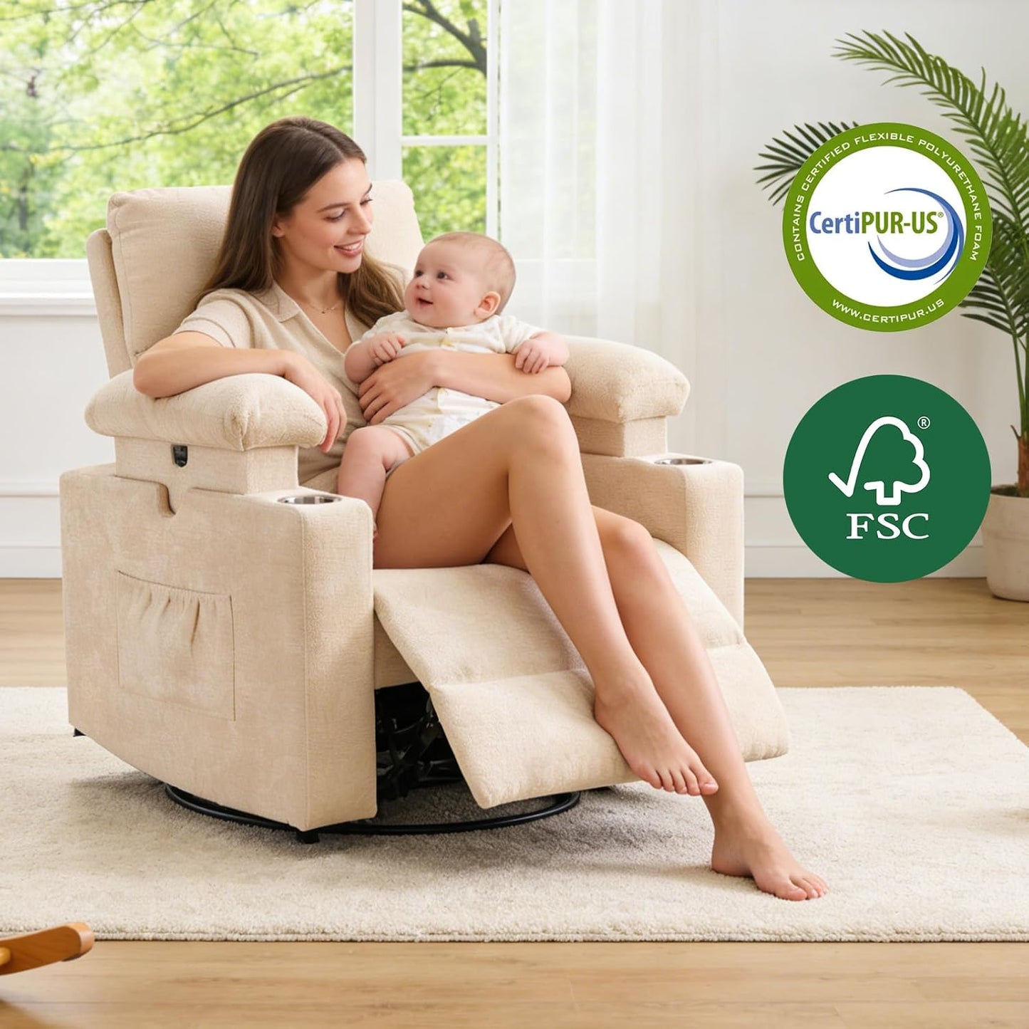 Rocking Chair Nursery with Adjustable Armrest for Breastfeeding, Glider Recliner Nursery Chair with Massage and Heat, Power Swivel Rocker Recliner with Adjustable Headrest, Corduroy, Beige