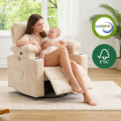 Rocking Chair Nursery with Adjustable Armrest for Breastfeeding, Glider Recliner Nursery Chair with Massage and Heat, Power Swivel Rocker Recliner with Adjustable Headrest, Corduroy, Beige