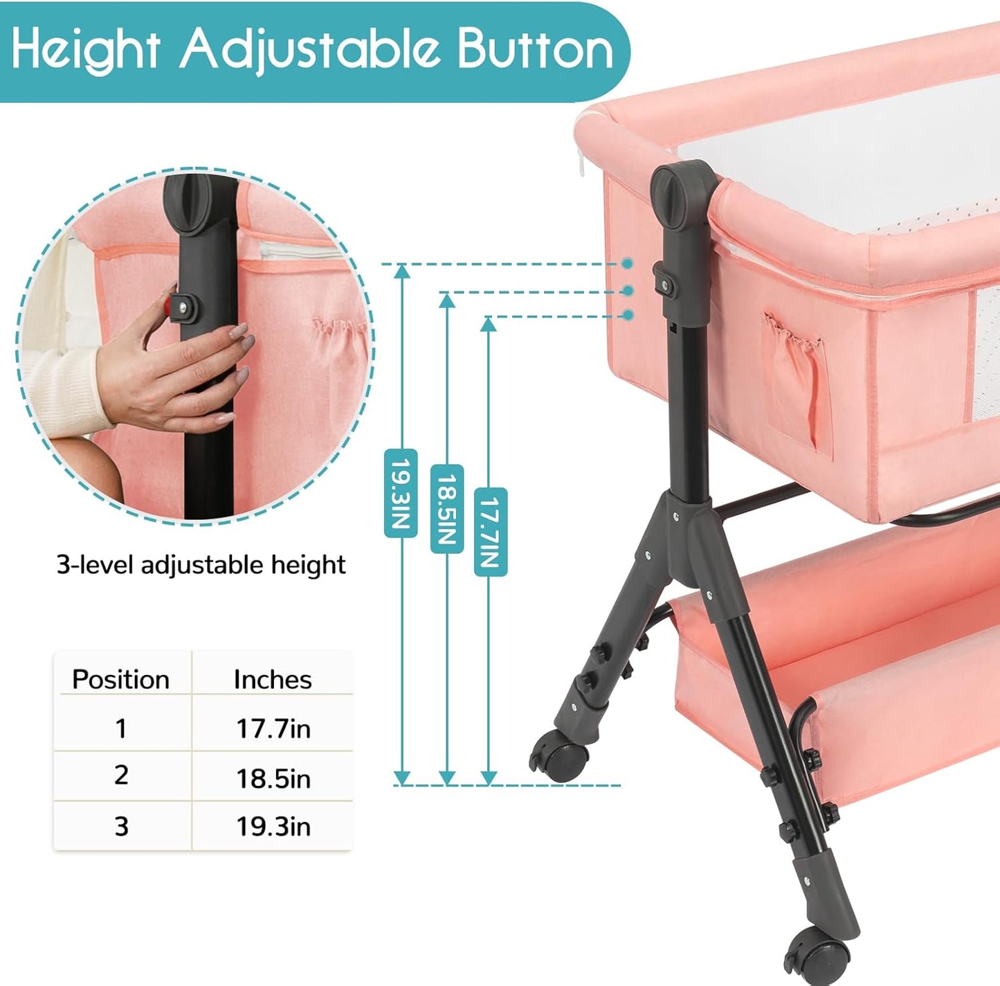 BCOL 3 in 1 Baby Bassinet Bedside Sleeper, Bedside Crib for Baby, Adjustable Baby Bassinet with Wheels, Storage Basket, Mattress, Easy Assemble & Folding Portable Baby Cradle (Grey)