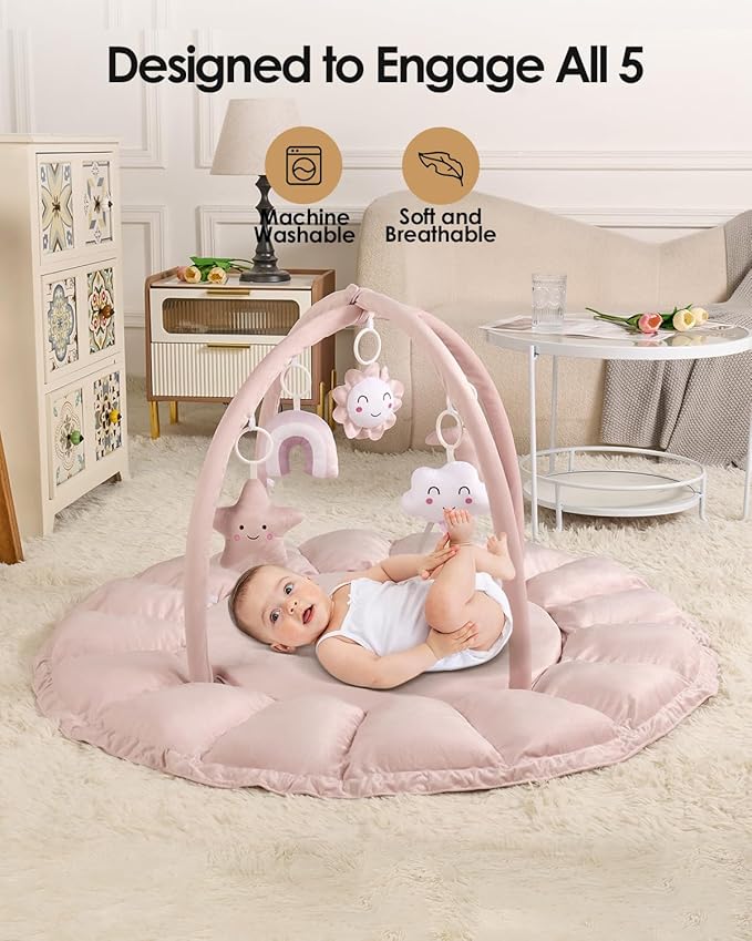 5-in-1 Convertible Baby Gym Play Mat with Hanging Toys, Soft Padded Activity Center & Ball Pit, Plush Tummy Time Mat for Newborns to Toddlers, Machine Washable, Pink
