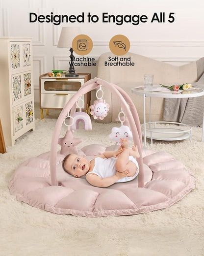 5-in-1 Convertible Baby Gym Play Mat with Hanging Toys, Soft Padded Activity Center & Ball Pit, Plush Tummy Time Mat for Newborns to Toddlers, Machine Washable, Pink