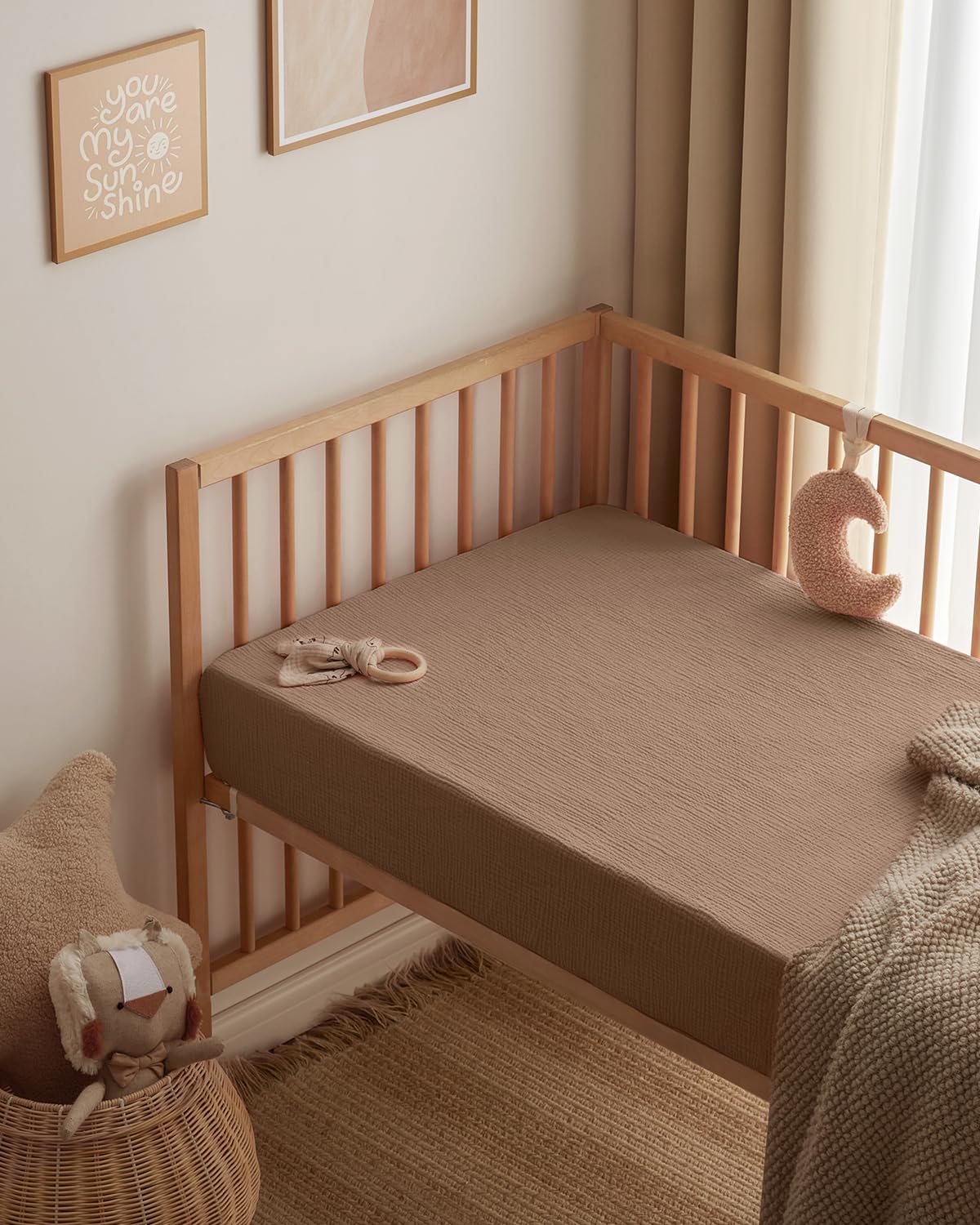 Blissful Diary Muslin Bassinet Sheets for Baby Girls Boys, Boho Soft Cotton Fitted for Oval Hourglass Rectangle Mattress, 2 Pack(Sunshine&Brown)