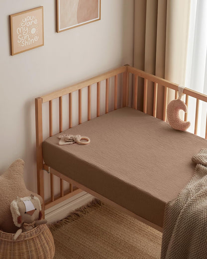 Blissful Diary Muslin Bassinet Sheets for Baby Girls Boys, Boho Soft Cotton Fitted for Oval Hourglass Rectangle Mattress, 2 Pack(Sunshine&Brown)