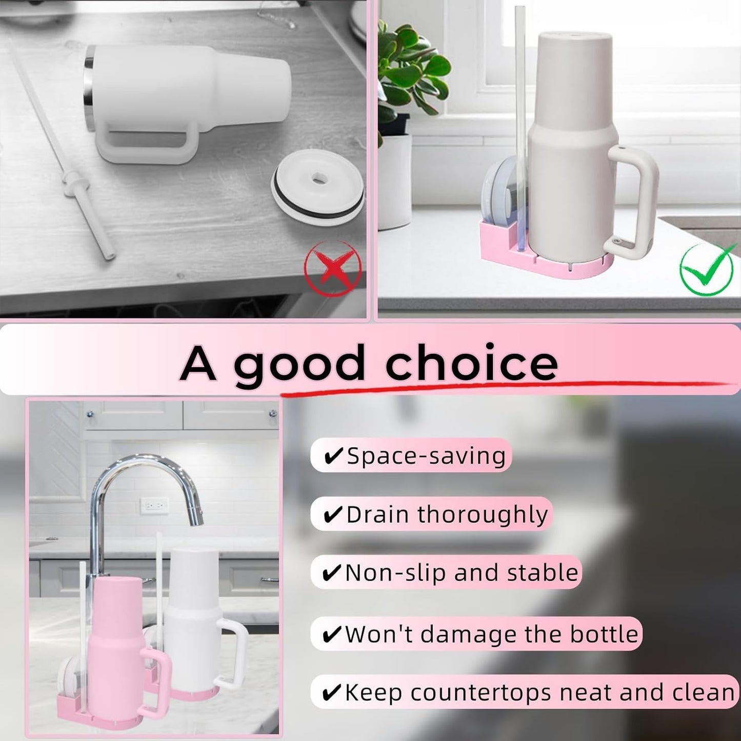 Silicone Bottle Drying Rack for Stanley Cup, Space Saving Tumbler Drying Rack for Water Bottles, Mugs, Glasses, Baby Bottles, Kitchen Accessories with Multifunction Brush(Black)