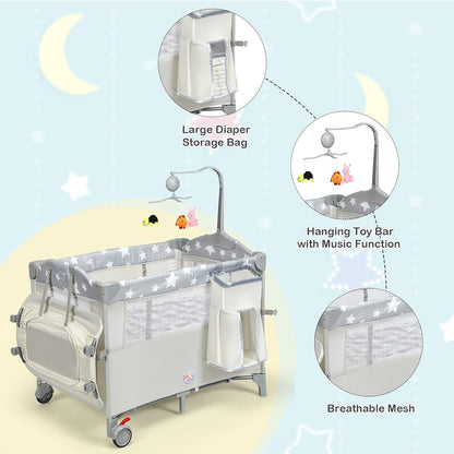 HONEY JOY Pack and Play with Bassinet, 5-in-1 Baby Bedside Sleeper w/Diaper Changing Table & Storage Bag, Toy Arch & Music Box, Detachable Side Rail, Portable Baby Play Yard w/Carry Bag(Gray)