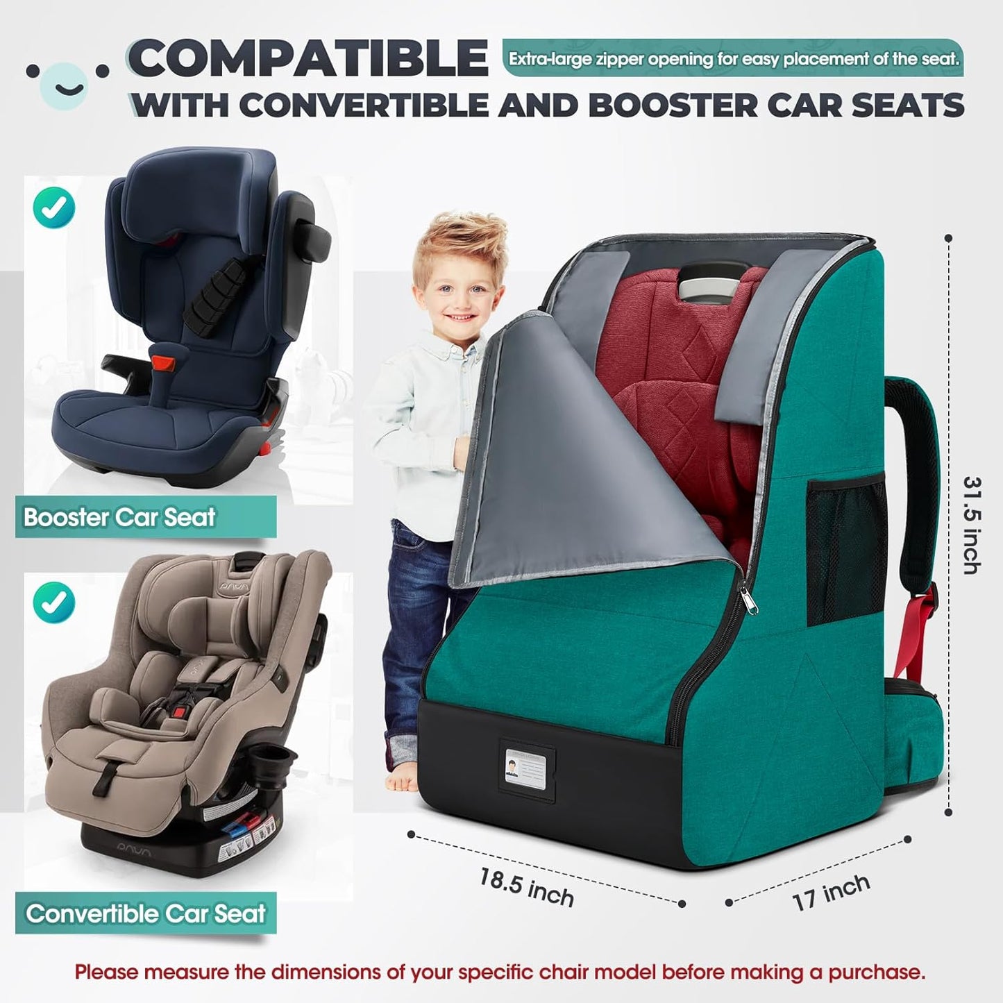 RAINSMORE Padded Car Seat Travel Bag for Airplane Heavy Duty Car Seat Backpack for Air Travel Baby Carseat Cover Bags for Airport Large Car Seats Carrier Fits Car Seats & Booster Seats, Black