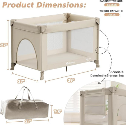 Portable Travel Crib & Playpen - Baby Safe Folding Travel Bed w/Mattress, Breathable Mesh | Compact Lightweight Baby Bed | Pack and Play for Babies & Toddlers (Khaki)