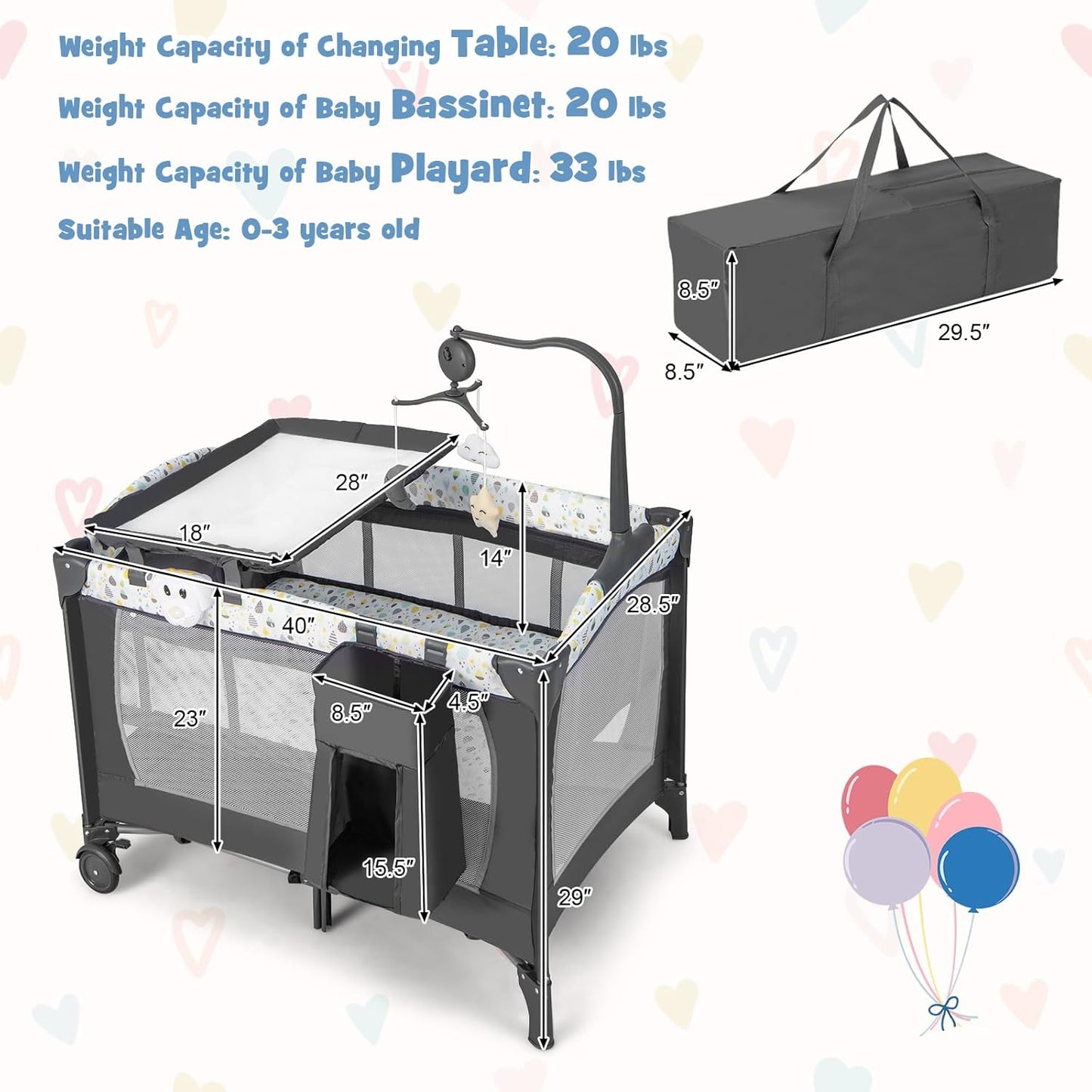 HONEY JOY Pack and Play, 4 in 1 Portable Baby Playard with Bassinet, Changing Table, Lockable Wheels, Music Box, Foldable Travel Baby Crib Nursery Center from Newborn to Toddler (Dark)