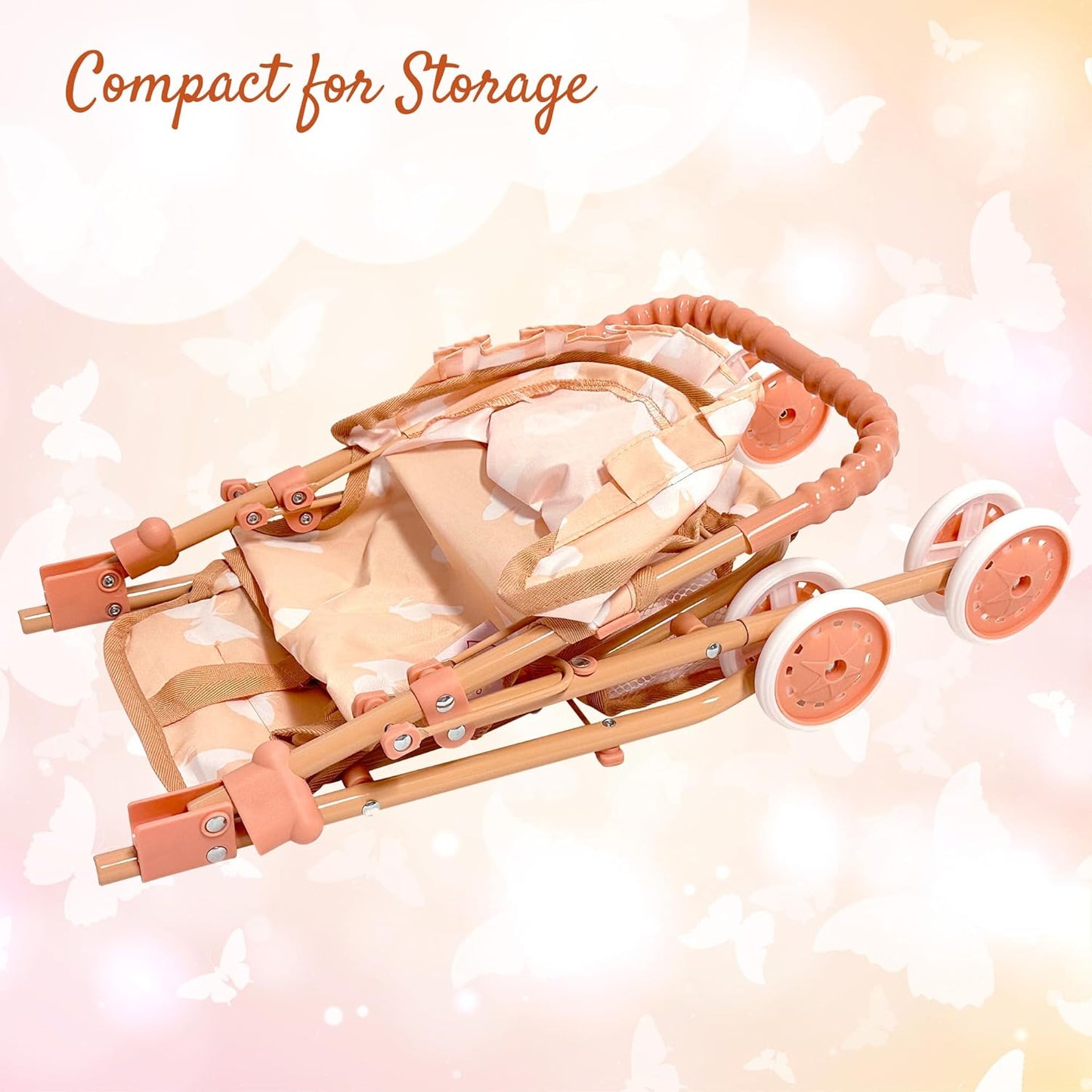My First Baby Doll Stroller for Toddlers 3 Year Old Girls, Little Kids | Folding Baby Stroller for Dolls, Toy Stroller for Baby Dolls with Bottom Storage Basket, Foldable Frame, Canopy, Seatbelt