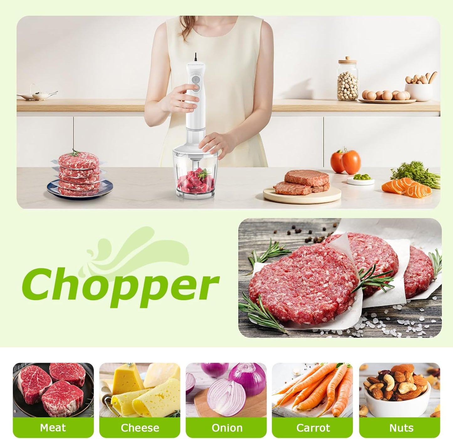 Bonsenkitchen Hand Blender, Immersion Blender with 2 Mixing Speed, Electric Handheld Mixer Portable Stick Mixer with Stainless Steel Blades for Soup, Smoothie, Puree, Baby Food