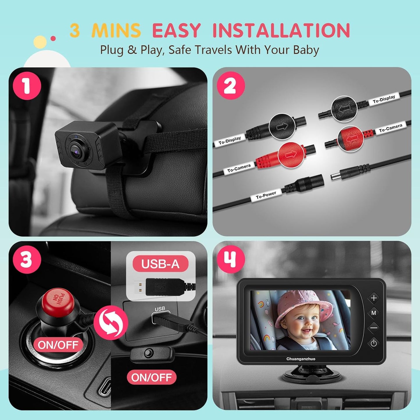 Baby Car Camera USB with No.1 Clarity, 5'' HD 1080P IPS Baby Car Monitor with 3X Zoom, Backseat/Carseat/Rear Seat Camera with Ultra Night Vision, Easy No-Damage Install, S100P(5inch Black)