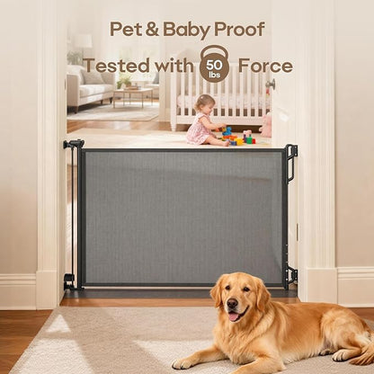 SPACEANY Retractable Safety Baby Gate or Mesh Dog Gate,Durable Portable Mesh Retractable Gate,Easy to Use for Stairs, Doorways, Hallways, Indoor, Outdoor, 33.5" Tall, Up to 55" Wide, Black