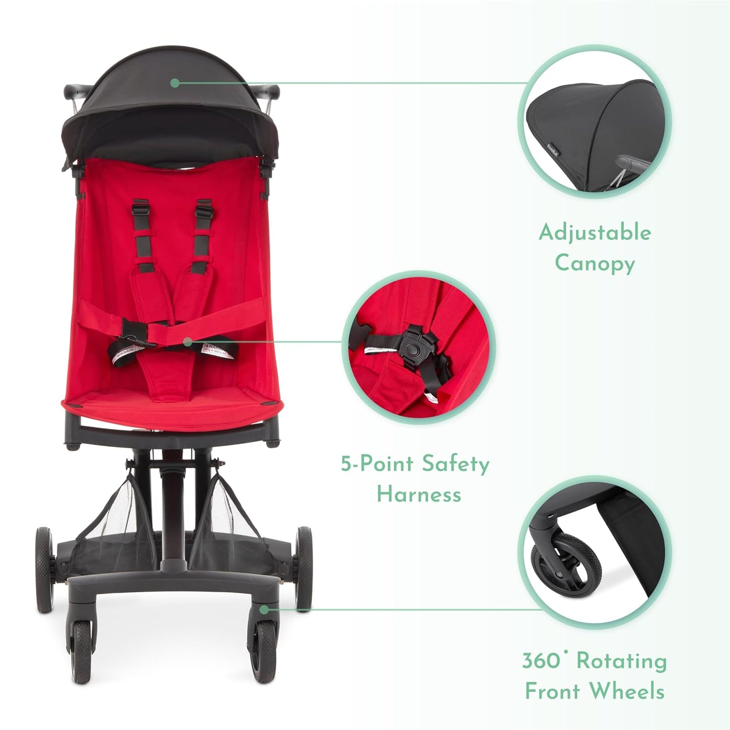 Evolur Roamer Ultra Lightweight Stroller, Compact One-Hand Self-Standing Fold Travel Stroller with 5-Point Safety Harness, Adjustable Sun Canopy, 360° Rotating Wheels with Cup Holder - Red