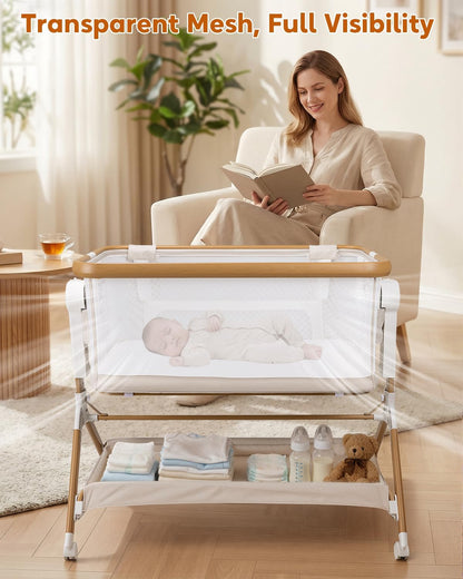 3 in 1 Baby Bassinet, Rocking Bassinet, Bedside Sleeper for Baby, Breathable Full-Mesh, 6 Height Adjustable, Comfy Mattress, Lockable Wheels, Storage Basket, Stable and Cozy Crib for Newborn Infant