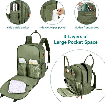 LANDICI Diaper Bag Backpack, Multifunction Baby Diaper Bags with Changing Pad, Stroller Straps & Pacifier Case, Travel Essentials Back Pack for Mom Dad Boy Girl, Large Capacity, Waterproof, Army Green