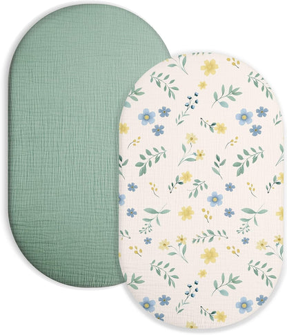 Muslin Bedside Bassinet Sheets 2 Pack, 33x20 Fitted Ultra Soft & Breathable Bedside Sleeper Sheets, Ideal for Baby Girl and Boy, Perfect for Newborns (Hopping Bunnies & Beige)
