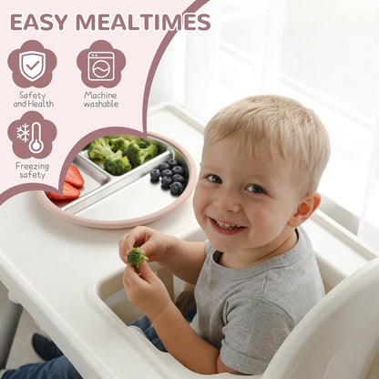 SPMKTQK 3Pack Sainless Steel Kids Plates with Suction, 8.1” Divided Toddler Baby Plates with Removable Silicone Sleeves BPA Free Non-Slip 2-in-1 Anti Breakage Metal Toddler Bowls