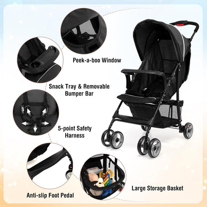 Baby Joy Lightweight Stroller, Compact Toddler Travel Stroller for Airplane, Infant Stroller w/Adjustable Backrest/Footrest/Canopy, 5-Point Harness, Storage Basket, Easy One-Hand Fold (Gray)