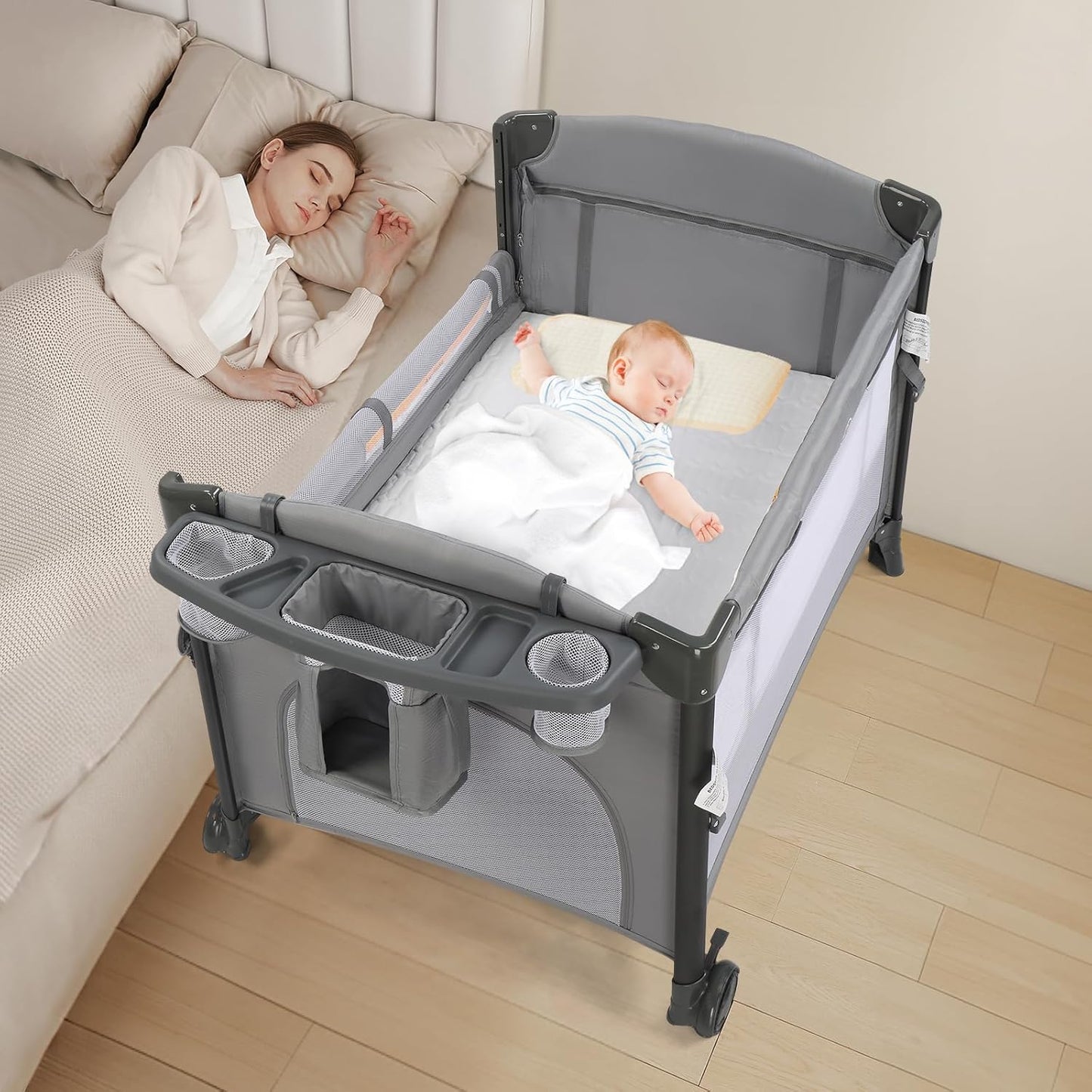 JOYMOR Twin Bassinet for Baby, Beige Bedside Bassinet, Convertible to Bedside Sleeper and Playpen, with Wheel, Brake, Foldable Side Sleeper,Beige
