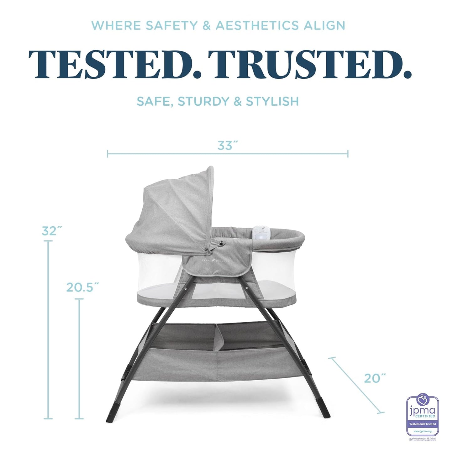 Baby Delight Beside Me Doze Deluxe Baby Bassinet, Bedside Sleeper, Foldable, Removeable Canopy, Pebble Grey