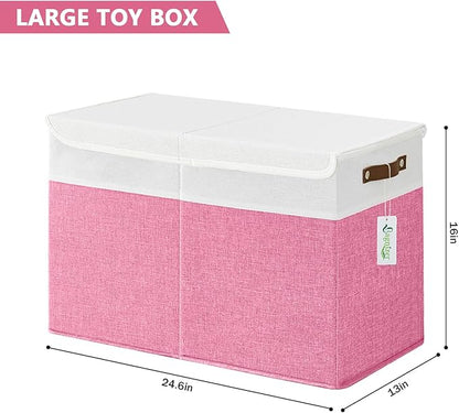 Bagnizer Large Toy Storage Box with Lids, Collapsible Sturdy Baby Storage Organizer Chest Bin Basket for Kids, Boys, Girls, Playroom, Nursery, Bedroom, Closet 25"x13"x16" (Pink and White)